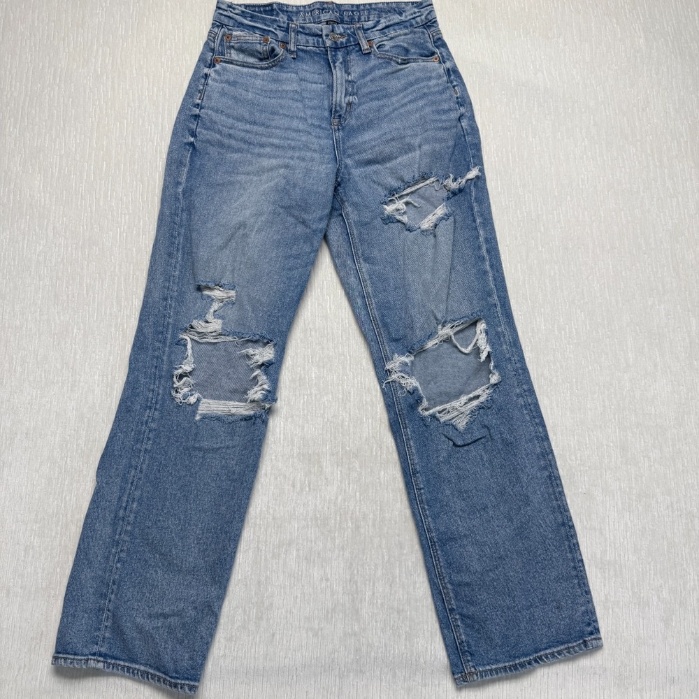 American Eagle Outfitters Curvy 90's Straight Leg Jeans Womens 4 Blue Distressed